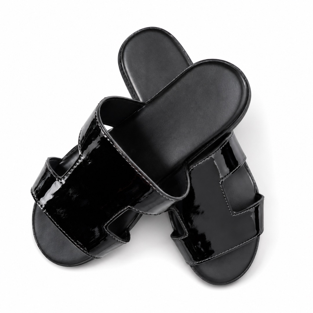 Mens Black Patent Leather Slip On Sandals